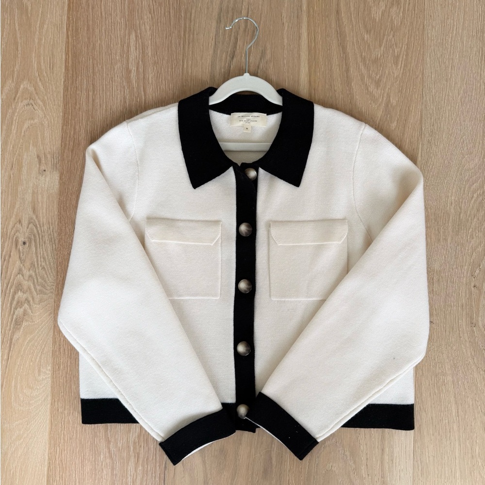 Sezane Betty cardigan in black and ecru